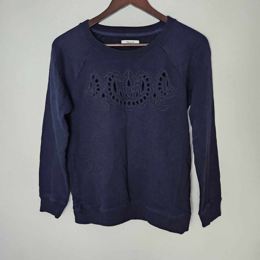 Madewell Sweatshirt Crewneck Embroidered Cutout Navy Blue Casual Neutral Comfy